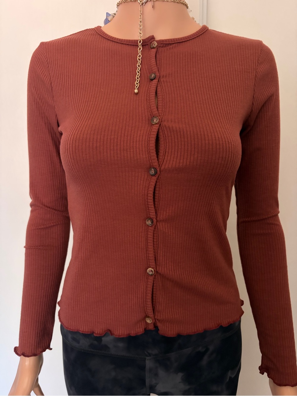 Long-Sleeve Ribbed Button Front Top in Rust